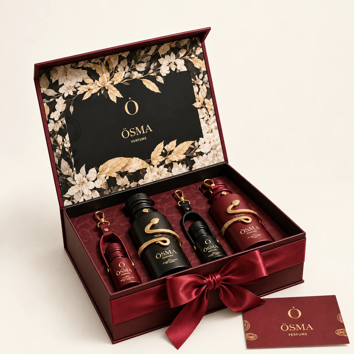 OSMA Rouge & Noir Eau de Parfum Gift Set on a plain ivory studio background