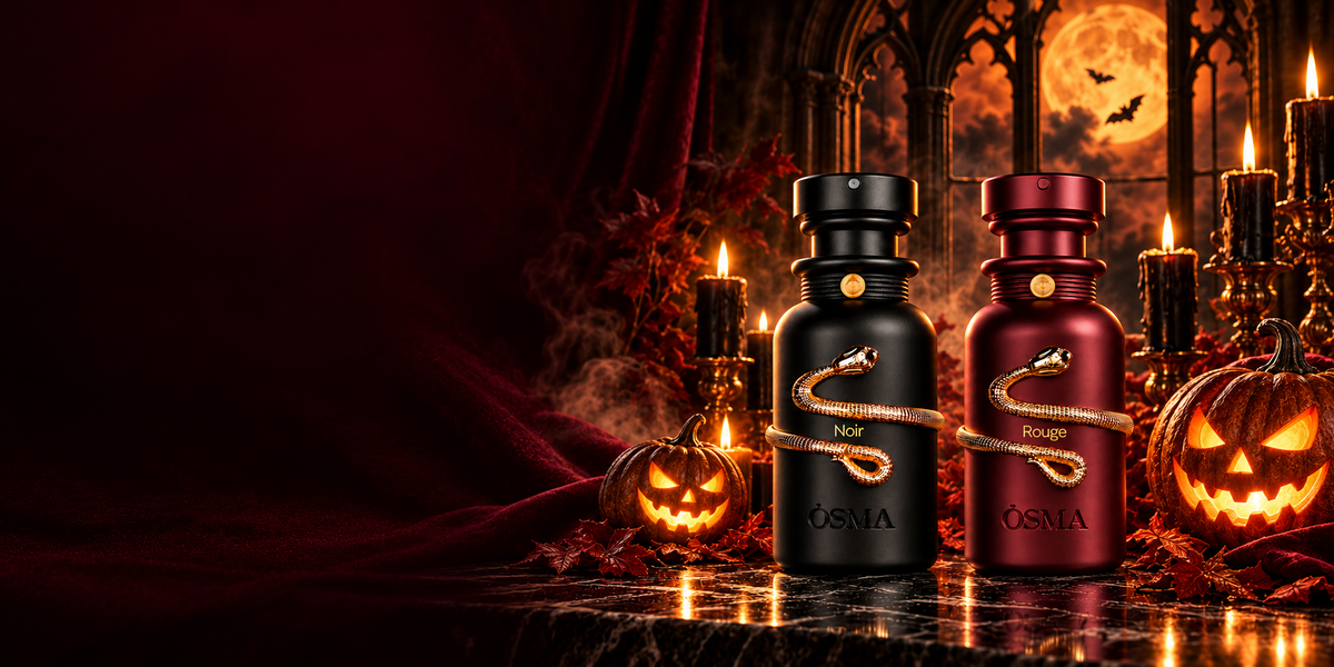 OSMA Noir and Rouge perfumes with glowing Halloween pumpkins, candlelight and an amber moon