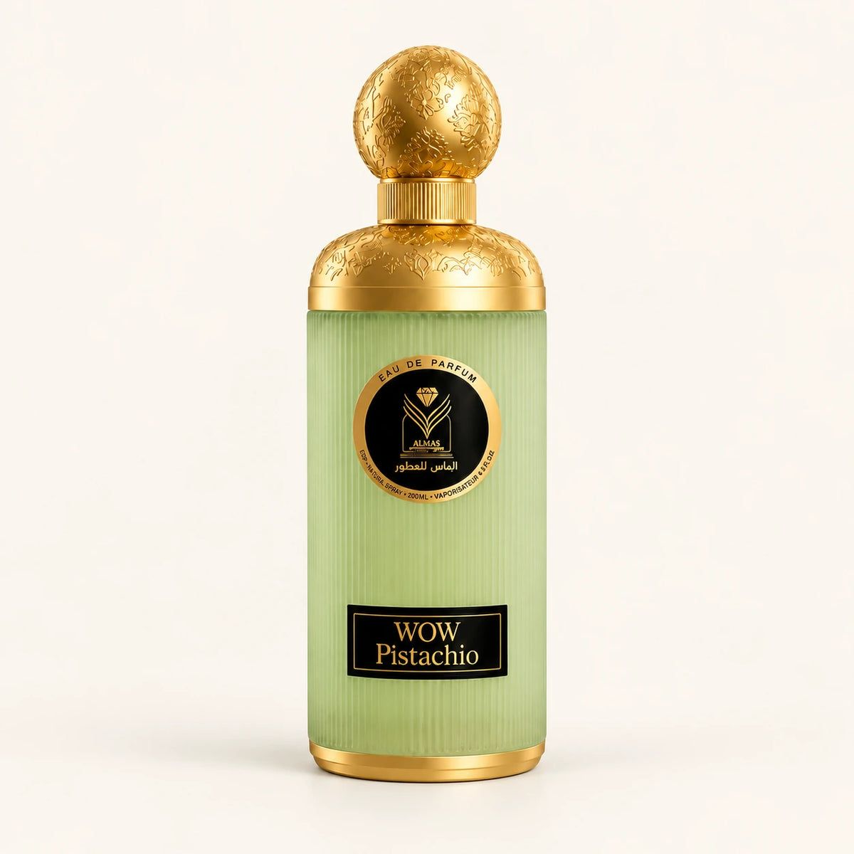 ALMAS Wow Pistachio Eau de Parfum 200ml on a plain ivory studio background
