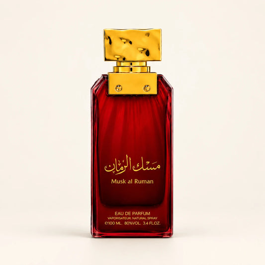 ALMAS Musk Al Ruman Eau de Parfum 100ml on a plain ivory studio background
