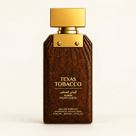ALMAS Texas Tobacco Eau de Parfum 100ml on a plain ivory studio background
