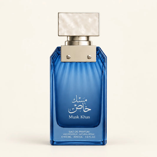 ALMAS Musk Khas Eau de Parfum 100ml on a plain ivory studio background
