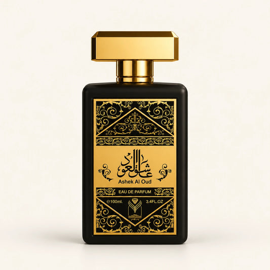 ALMAS Ashek Al Oud Eau de Parfum 100ml on a plain ivory studio background