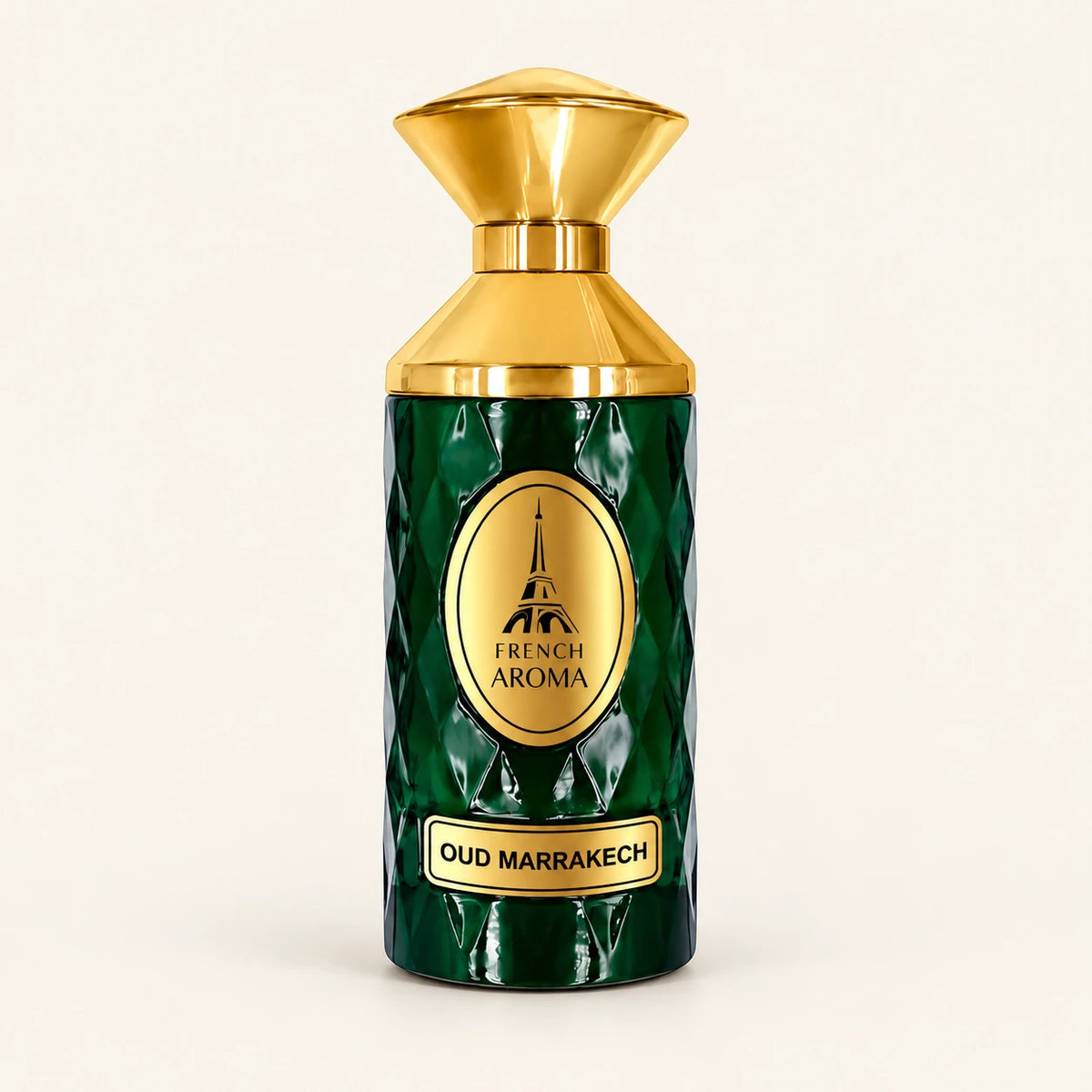 French Aroma Oud Marrakech Extrait de Parfum 100ml on a plain ivory studio background