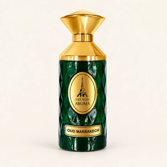 French Aroma Oud Marrakech Extrait de Parfum 100ml on a plain ivory studio background