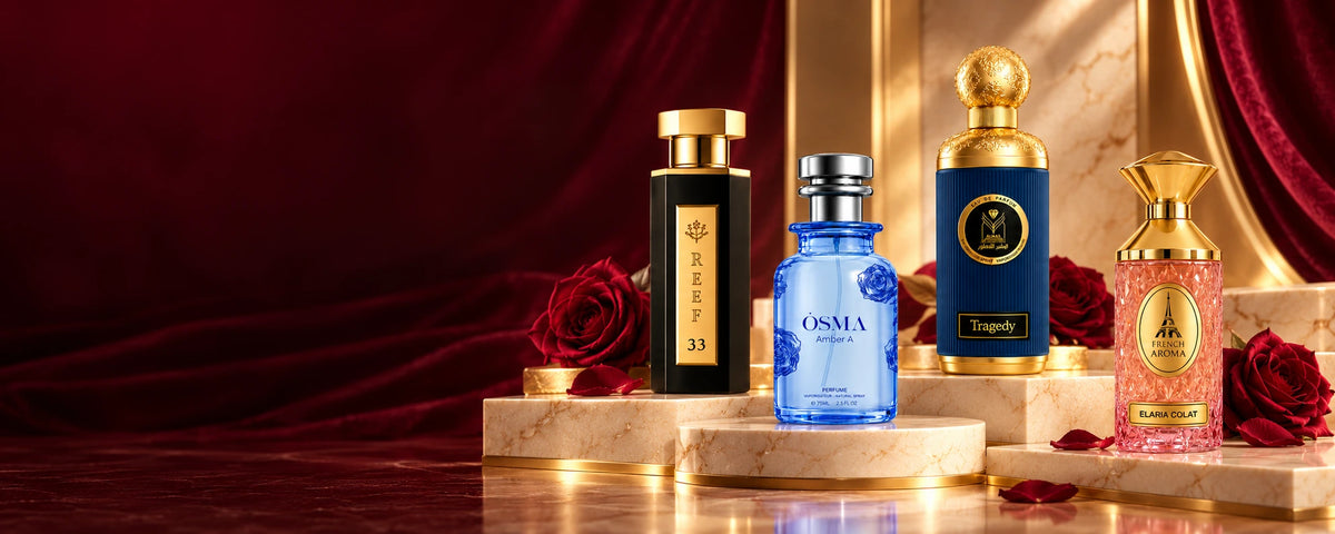 Four Bottoud fragrances on marble with burgundy roses