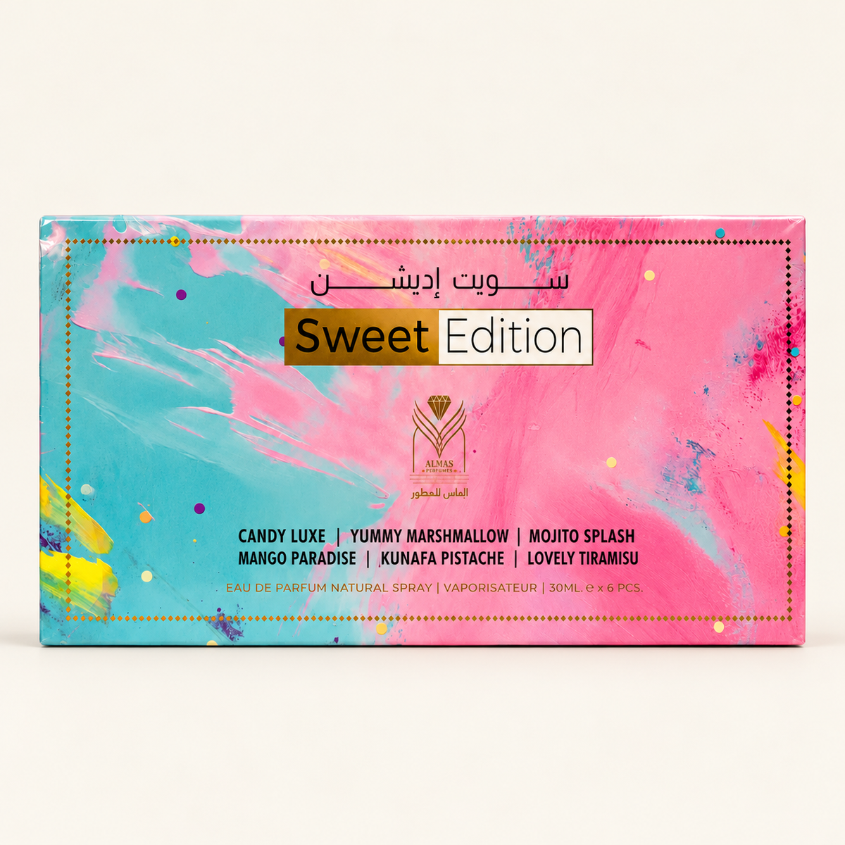 ALMAS Sweet Edition gift box on an ivory studio background